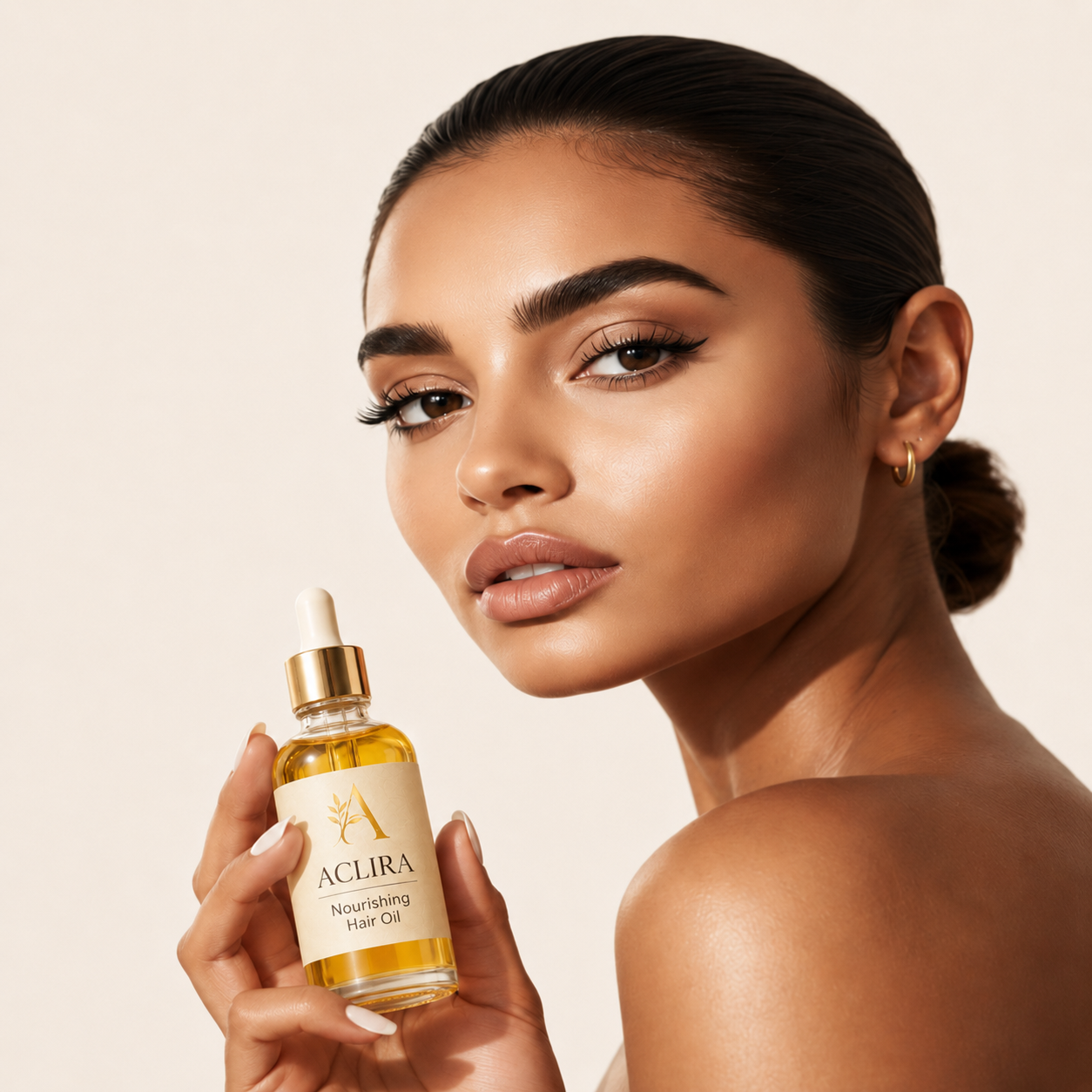 Model holding a full Aclira Nourishing Hair Oil bottle